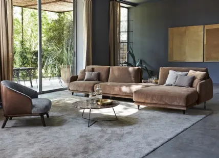 Fabric Sofa with Wood and Brass Legs